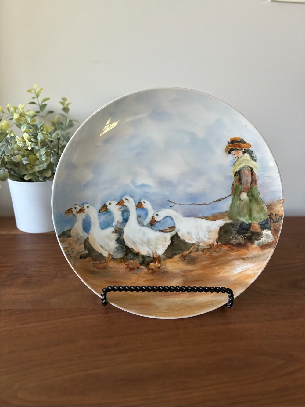 Vintage Hand Painted Goose Girl Decorative Plate Wall Decor Collected Home